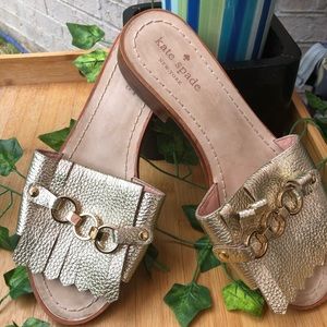 KATE SPADE Women's Brie Slide Sandal Fringe Chain Metallic Gold Leather Sz $99
